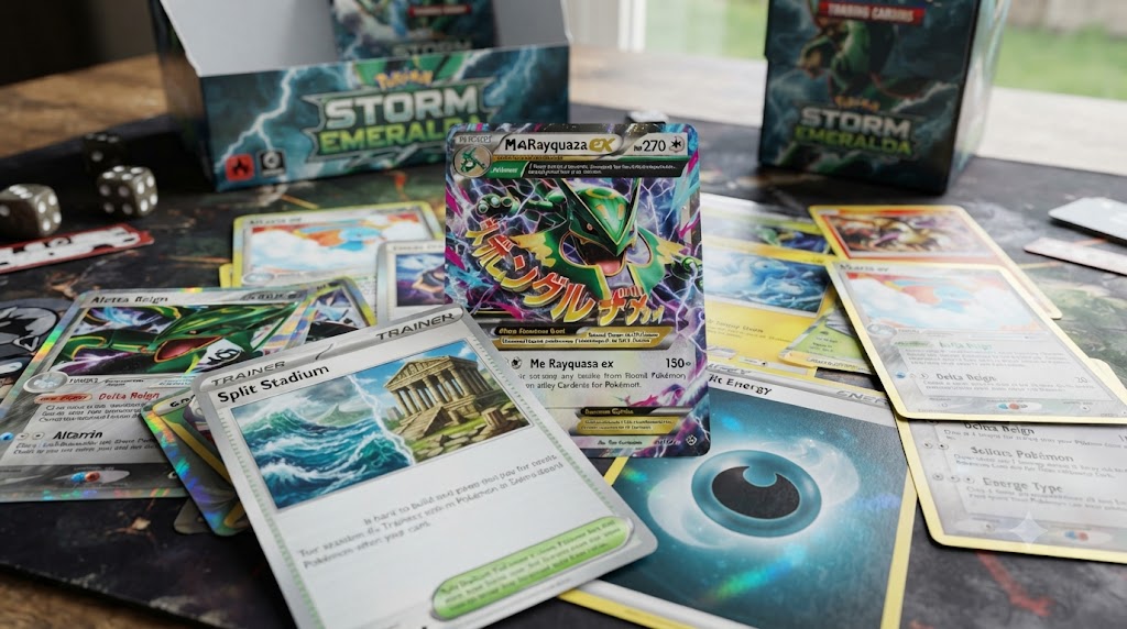 Storm Emeralda: Mega Rayquaza ex, Estadio Dividido y Delta Reign 2026 + Rastreador Gratuito